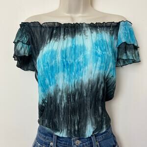 Sere Nade Ruffle Flutter Sleeve Blue Black Tie Dye Sheer Sequin Top Small